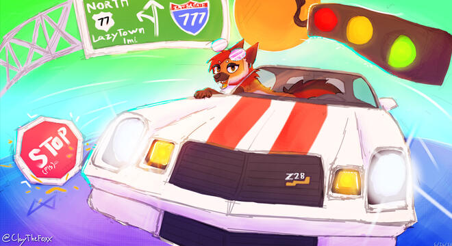 Scenic shot of my fursona recklessly driving in a beater car