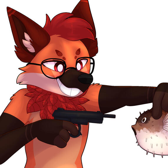 My fursona clay holding a pufferfish at gunpoint for a presumably unknown reason. (credit to @aussiekitten for drawing this work of art)